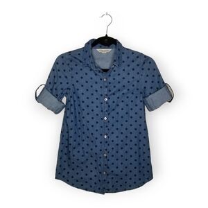 Land's End chambray blue polka dot button front shirt girl's 10